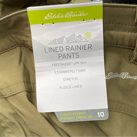 NWT Eddie Bauer Women’s Fleece Lined Rainier Pants 10 UPF 50 green hiking cargo - Picture 4 of 4